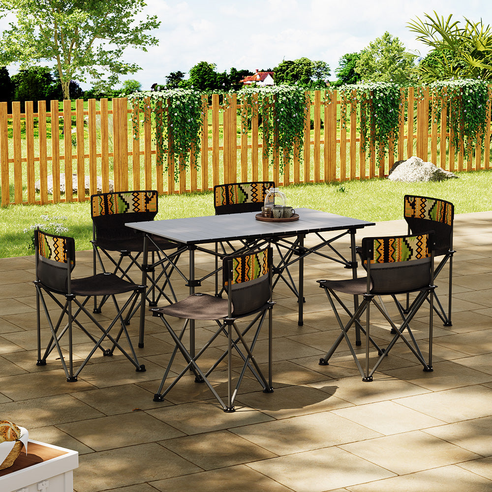 Brown Aluminum Folding Camping Table Set with 6 Chairs – Portable Outdoor Dining Furniture